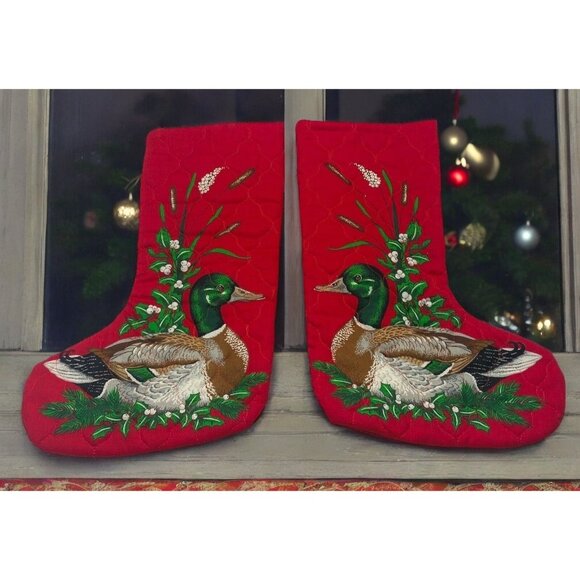 Set of 2 Quilted Christmas Stockings with Mallard Duck Design Handmade - Picture 1 of 9